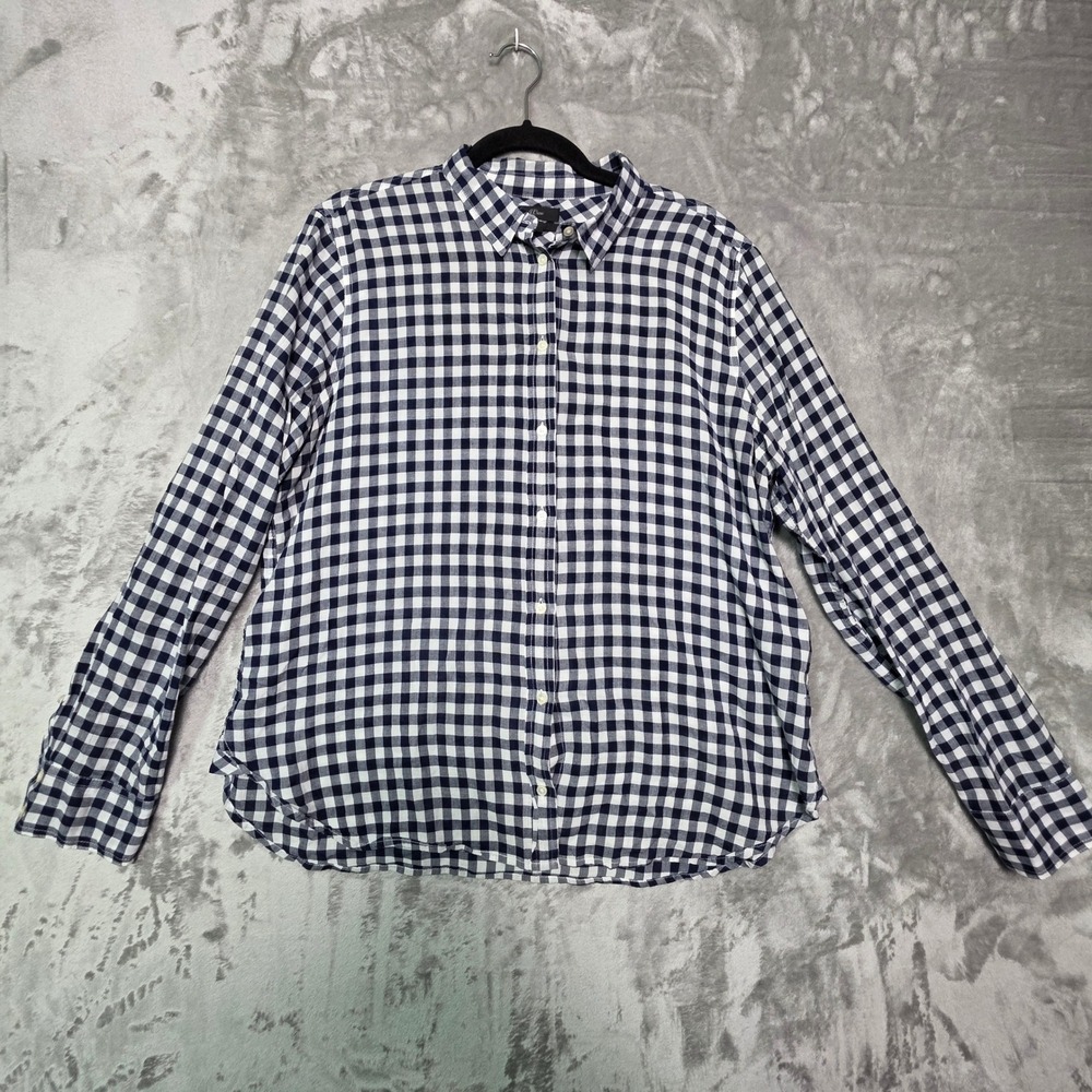 J.Crew Classic Gingham Button Down Shirt Navy Blue White Size 14 Cotton Stretch
